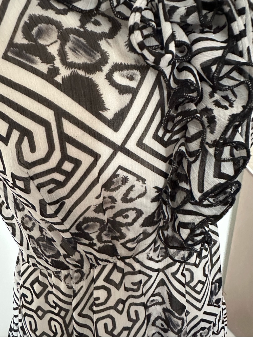 Lapis Black White Geometric Ruffle Midi Dress Sleeveless Tiered Flare Small - Picture 4 of 12